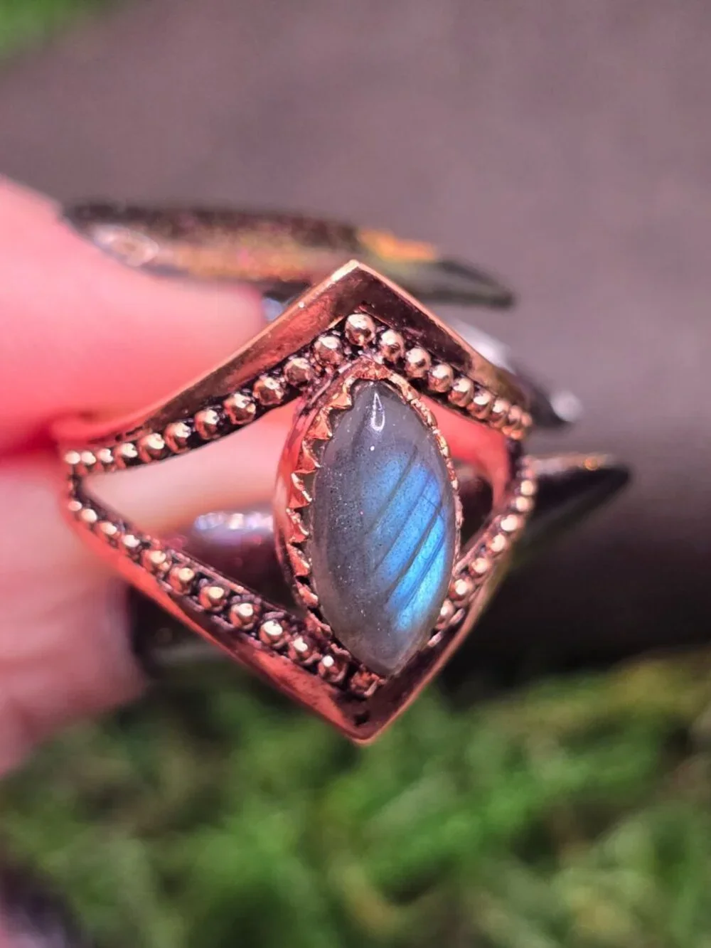 Labradorite Copper Marquise Ring Size 8.5 Blue Flash Gemstone Jewelry